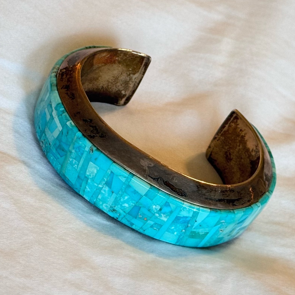 Signed BRYON YELLOWHORSE Heavy Sterling Silver Turquoise Mosaic Cuff Bracelet